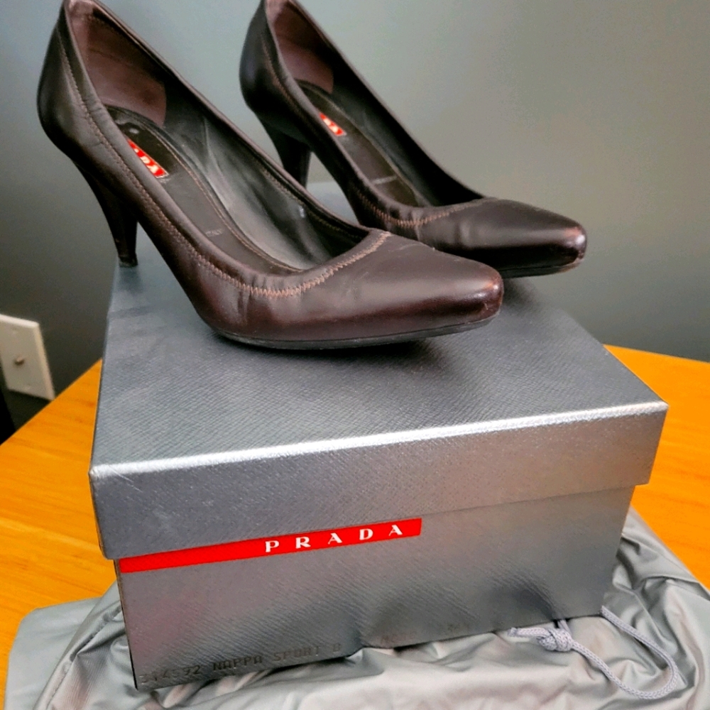 Prada Sport brown leather kitten heels